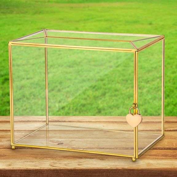 Gold Glass Wedding Card Box with Lock, Large Gift $33 image