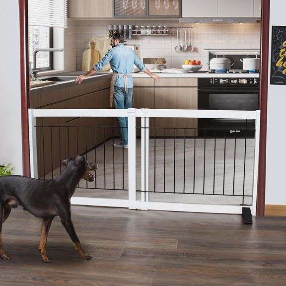 ZJSF Free Standing Indoor Dog Gate for The House Expandable Freestanding Dog Gates Indoor Wood White Expandable Pet Gate Adjustable Extra Wide Puppy Gates 20 inches Tall Width from 28 to 48 inches $51 image