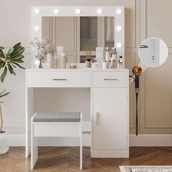 Vanity, Vanity Desk with Mirror, Large Drawer and Power Socket with 11 Light Bulbs and 3 Adjustable Lighting Modes, Vanity Table Ideal for Bedroom (White) $127 image