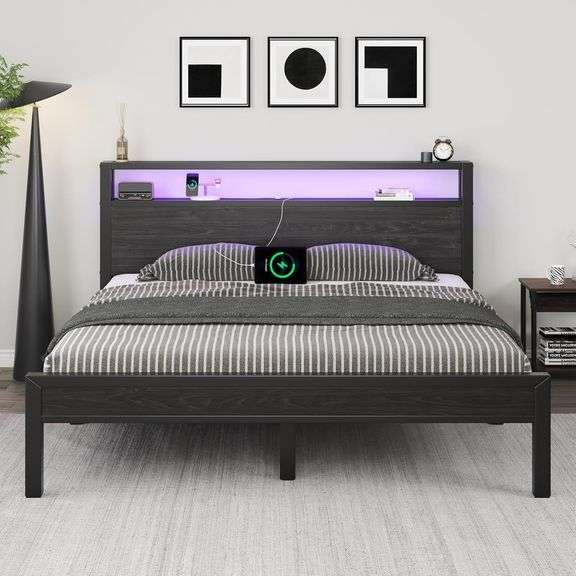 Full Size Bed Frame with Storage Headboard, Industrial Platform Bed with Charging Station and LED Lights, Heavy Duty Metal Slats, No Box Spring Need, Noise Free, Black $136 image