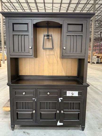 (2) Badcock Buffet w/ Hutch - Natural Wood/Black w/ Light & Felt Lined Drawers