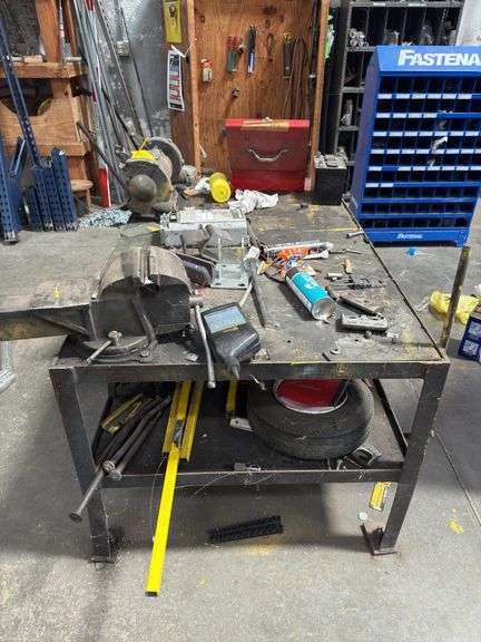 5ft x 3ft Steel Shop Table w/ Vise & Grinder