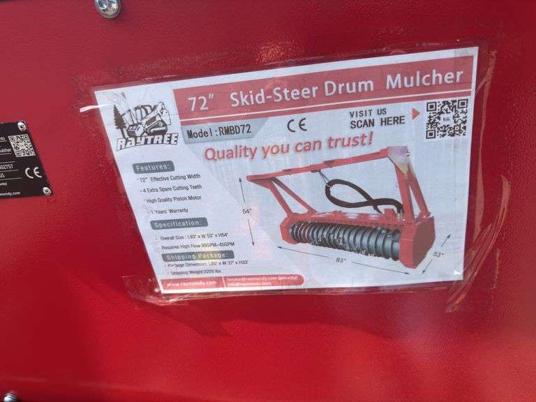 Raytree Skidsteer RMBD72 Drum Mulcher - 72" Width with 39 Cutting Teeth