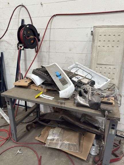 Global Powered Shop Table w/ Misc Tools & Hose Reel