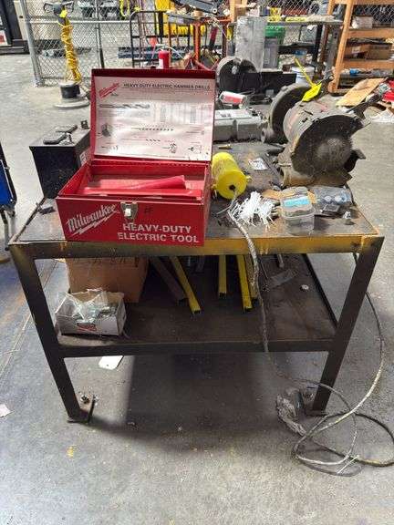 5ft x 3ft Steel Shop Table w/ Vise & Grinder