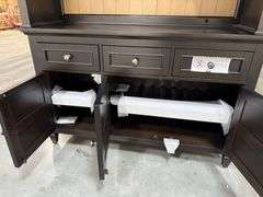 (2) Badcock Buffet w/ Hutch - Natural Wood/Black w/ Light & Felt Lined Drawers