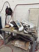 Global Powered Shop Table w/ Misc Tools & Hose Reel