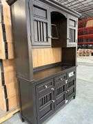 (2) Badcock Buffet w/ Hutch - Natural Wood/Black w/ Light & Felt Lined Drawers
