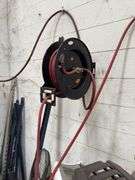 Global Powered Shop Table w/ Misc Tools & Hose Reel