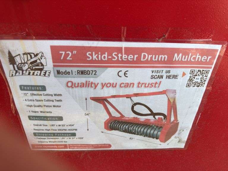 Raytree Skidsteer RMBD72 Drum Mulcher - 72" Width with 39 Cutting Teeth