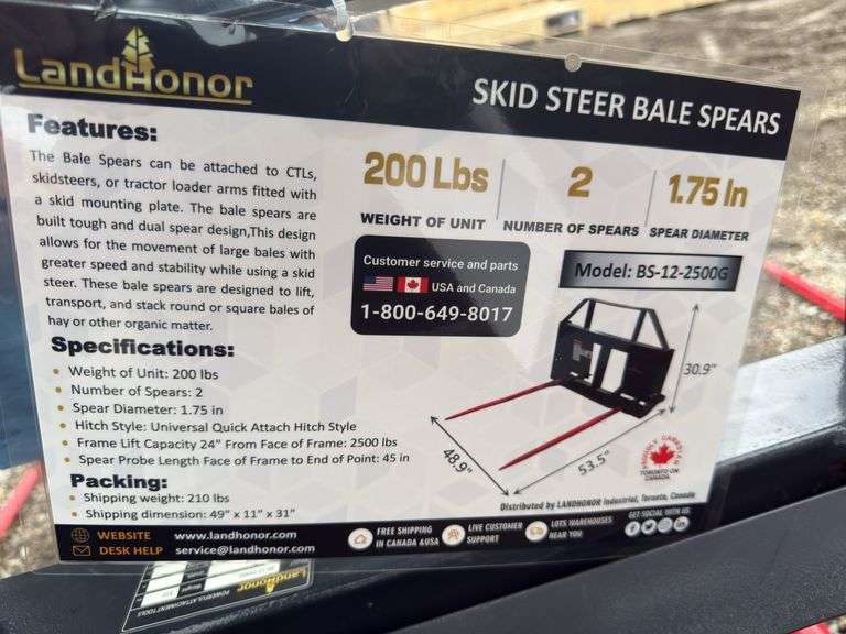 Skidsteer Bale Spear - 2500lb Capacity