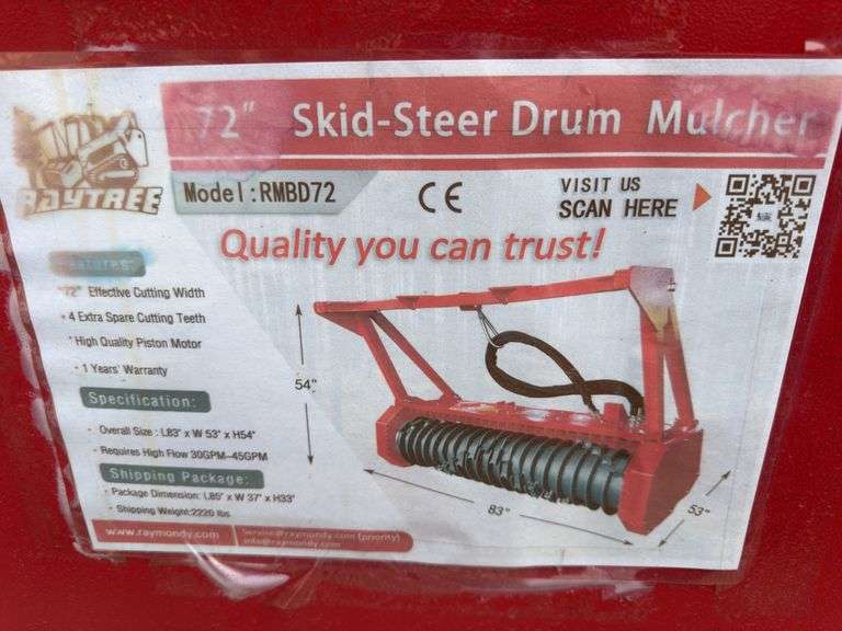 Raytree Skidsteer RMBD72 Drum Mulcher - 72" Width with 39 Cutting Teeth