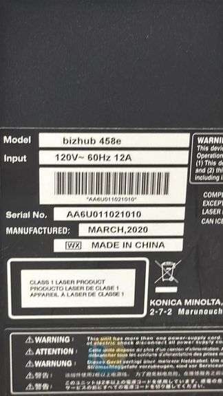 Konica Minolta bizhub_458e Multifunction Printer, Serial AA6U01102010