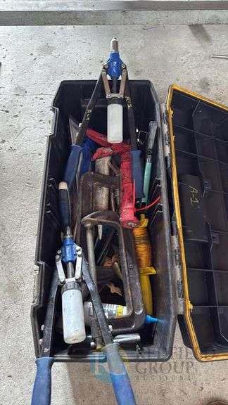 Toolbox with Assorted Tools, C-Clamps, Rivet Gun, Hand Tools image