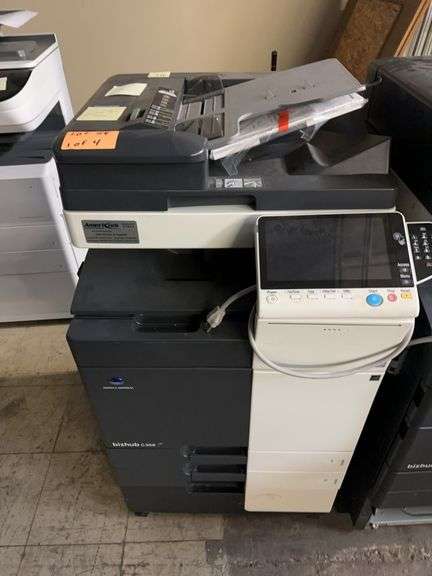 (4) 8 SEIRES KONICA MINOLTA BIZHUBS SOLD AS PARTS ONLY DEVICES (1) C368 MISSING WHITE COVER UNDER DOC FEEDER, (2) c658 parts only, (3) c368 c-5501 error, (4) 368e parts only image