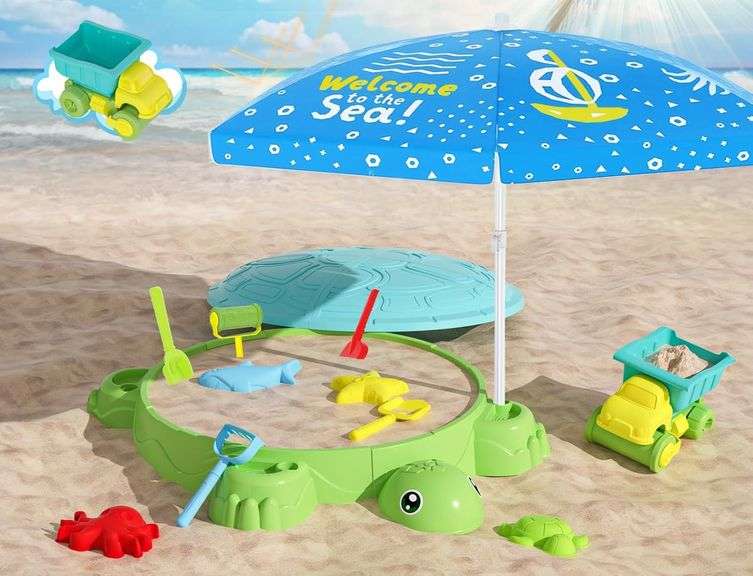 Kids Turtle Sandbox with Lid & Adjustable Umbrella image