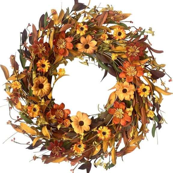 Fall Door Wreath, 18" Colorful Daisies & Orange image