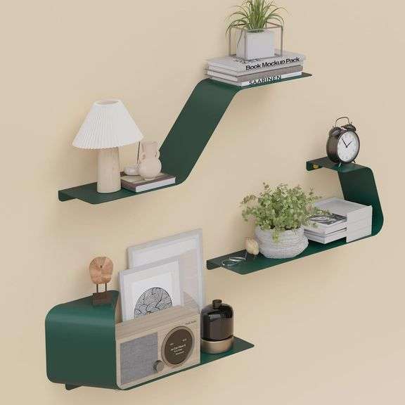 Set of 3 Wall Mounted Green Metal Shelves image