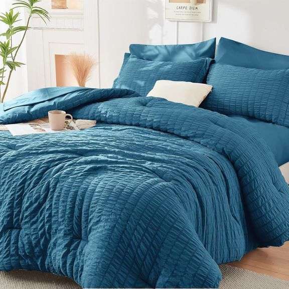 HYMOKEGE Teal Queen Comforter Set Seersucker image