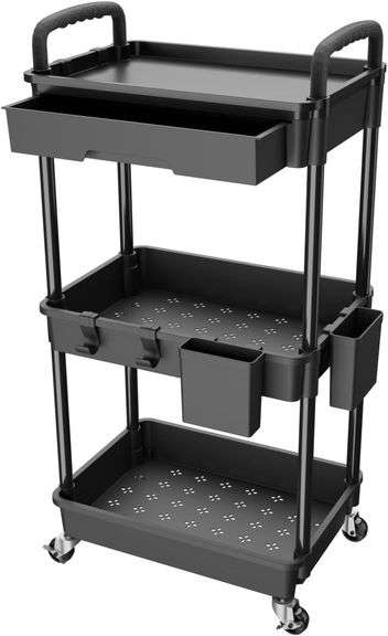 3 Tier Rolling Utility Cart, REBECAT, Black image
