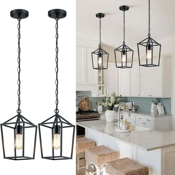 2-Pack Black Farmhouse Pendant Lights, Metal Cage image