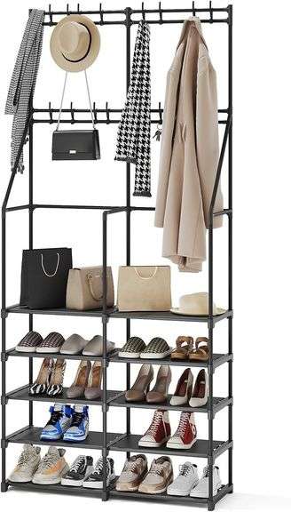 3-in-1 Double Row Coat Shoe Rack, 16 Hooks, Black image