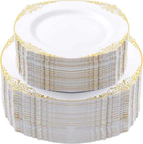 200 PCS White & Gold Plastic Plates for 100 Guests image