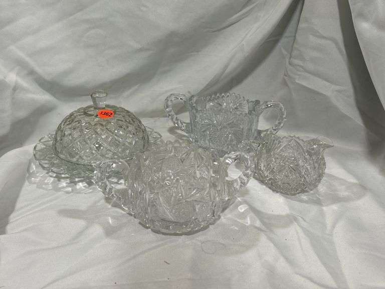 (4) Cut Glass Creamer, 2 Cut Glass Sugar and Covered Round Butter image