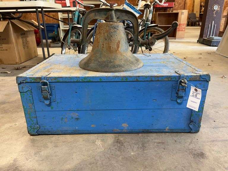 Antique Box with Collectible Glassware, Antique Bell image