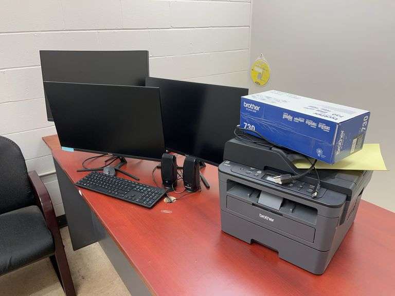 (3) Computer Monitors, (1) Brother Printer, Keyboard image