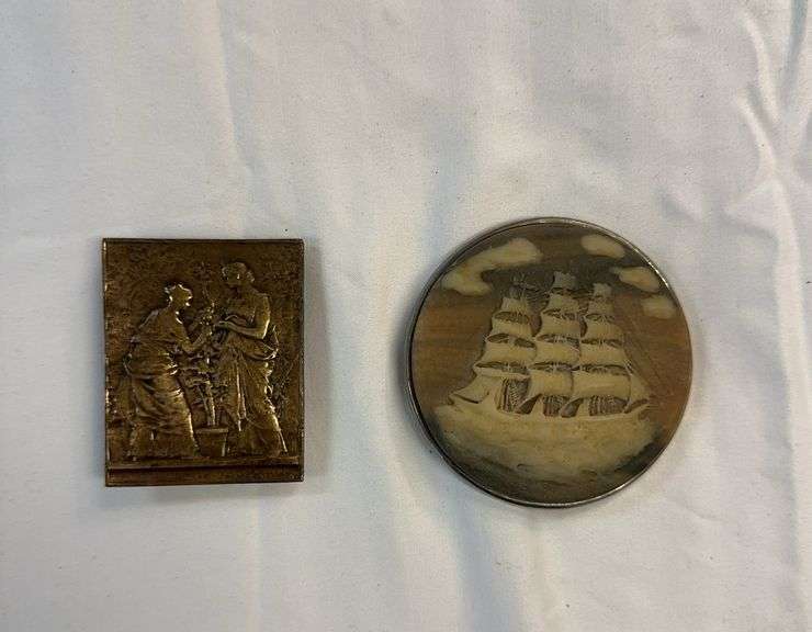 Two Embossed Belt Buckles - Ship and Sculptors w/Wood Ship Box image