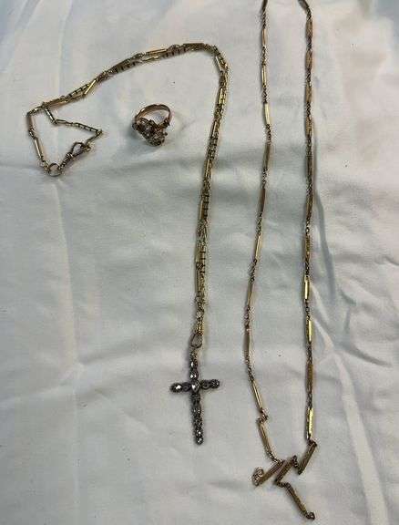 2 gold neck tone necklace chains and ring image