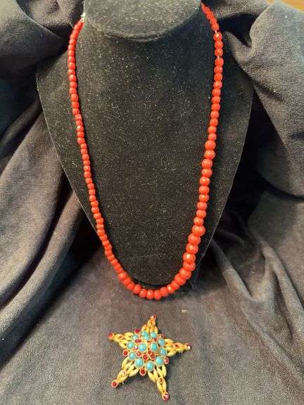 Red Beaded Necklace and Star Pin Lot image