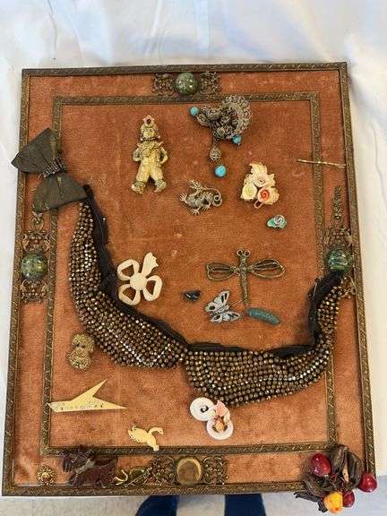 Framed Collection of Costume Jewelry and Pins image