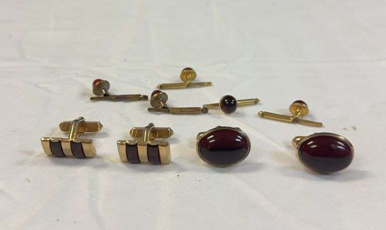 Lot of Gold Tone Cufflinks with Red Stone Button Stays image