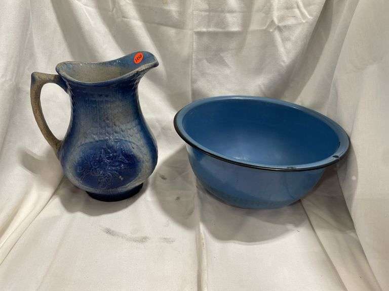 Salt Glazed Stoneware Pitcher & Enamel Bowl image