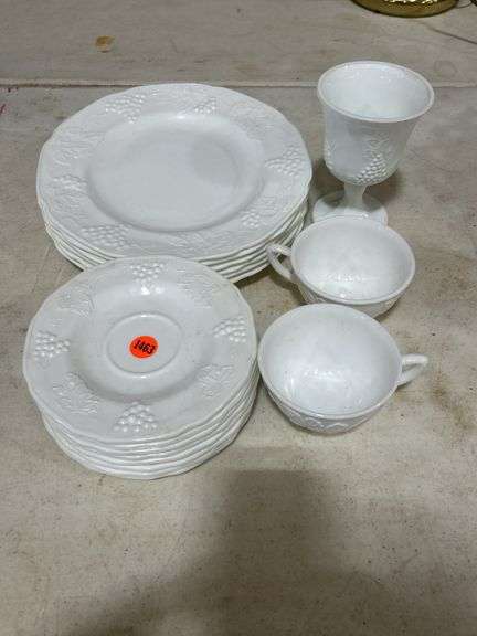 Milk Glass, 6 Plates, 2 Cups, Goblet, 8 Saucers image
