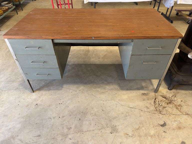 Vintage Steel Office Desk with Wood Grain Top image