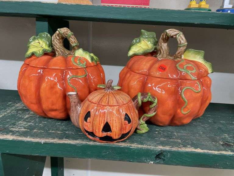 2 Pumpkin Cookie Jars & Tea Pot image