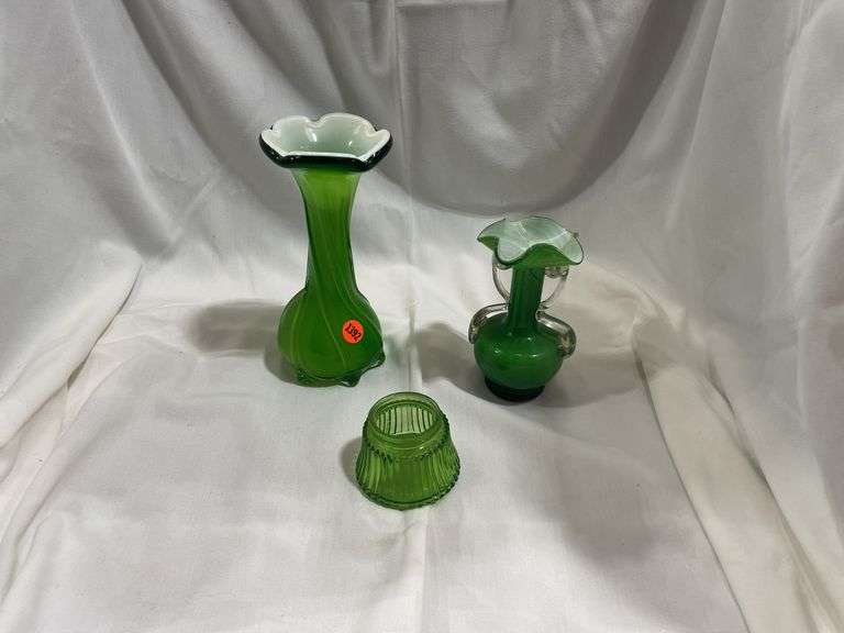 Art Glass Green Vases and Avon Bottle image