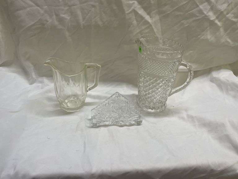 (2) Pressed Glass Pitchers and Leaded Crystal Napkin Holder