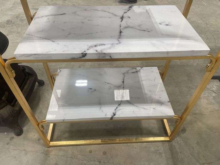 Gold-Tone Metal Frame Display Shelf with Faux Marble Shelves