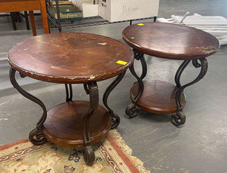 Pair of Round Wood Top Side Tables with Iron Bases