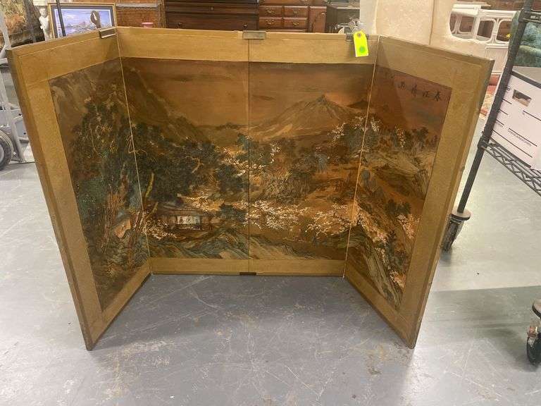 Asian Style Four Panel Screen with Landscape Art