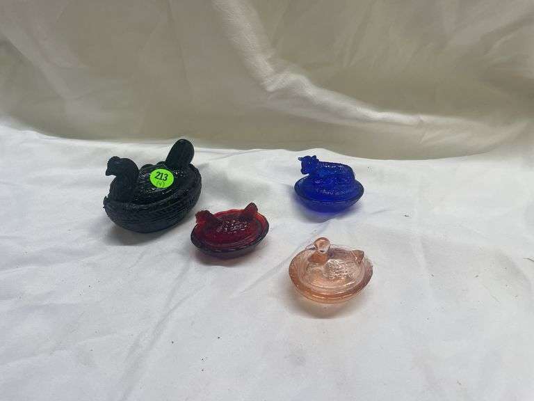 (4) Colored Glass Animal Covered Dishes