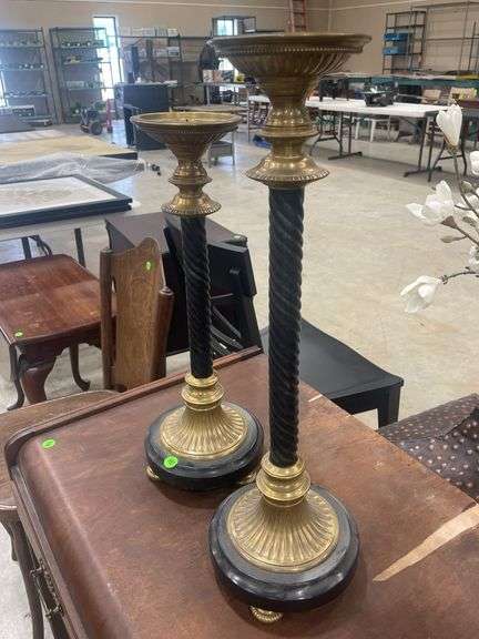 Pair of Decorative Brass and Marble Candlestick Holders