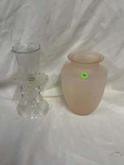 Clear Candleholder with Prisms and Pink Vase