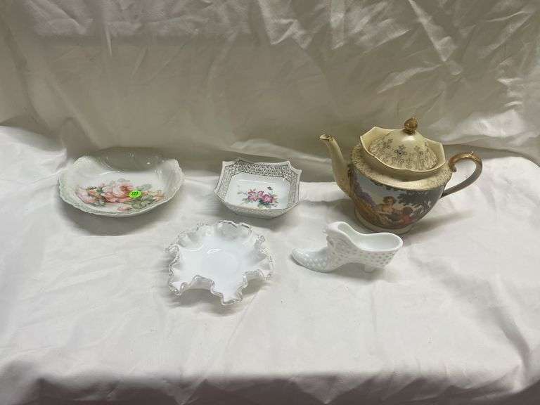 Assorted Decorative Bowls, Shoe, and Teapot