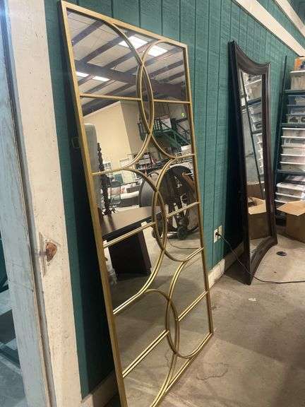 Large Rectangular Mirror with Gold Tone Geometric Frame