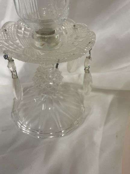 Clear Candleholder with Prisms and Pink Vase